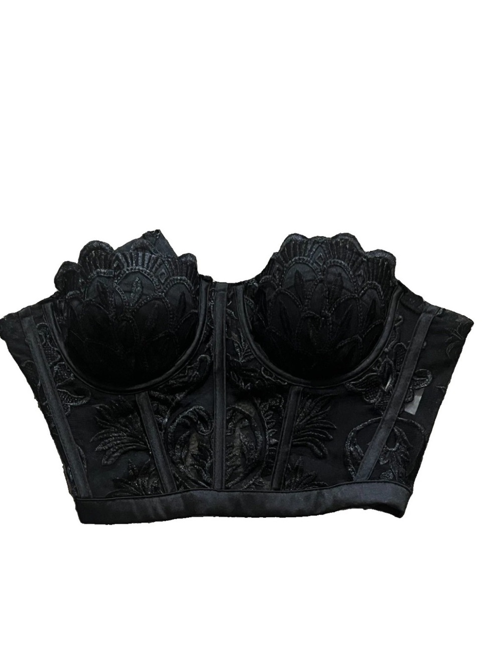 SzS Charlotte Russe Black Lace Embroidered Boned Strapless Corset Crop Top